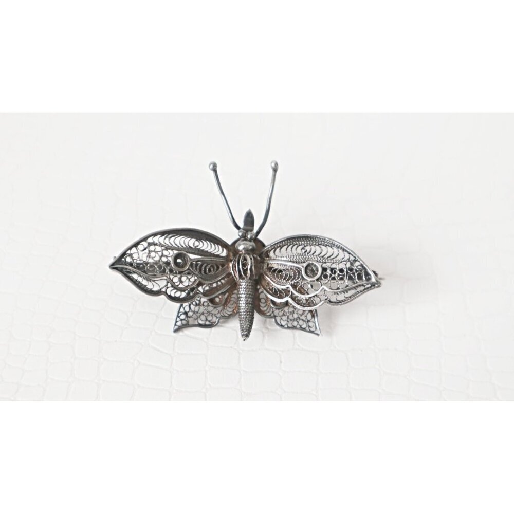 Victorian Butterfly Silver Brooch Pin Filigree